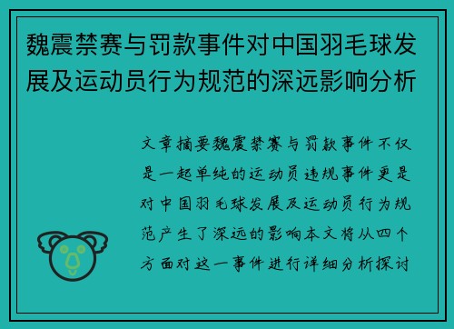 魏震禁赛与罚款事件对中国羽毛球发展及运动员行为规范的深远影响分析